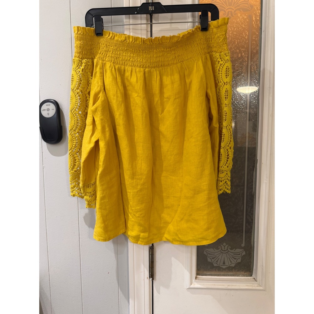 Chicos Yellow Linen Off The Shoulder Crochet Lace Sleeve Top Size 1.5 Medium L